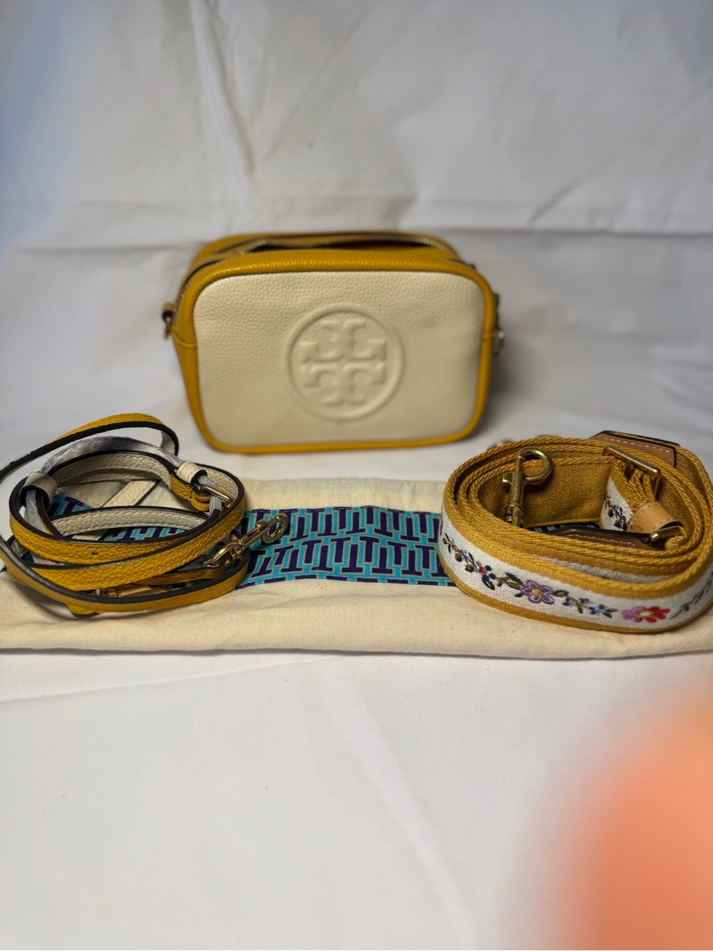 Tory Burch Cream Pebbled Leather Crossbody with Yellow Trim